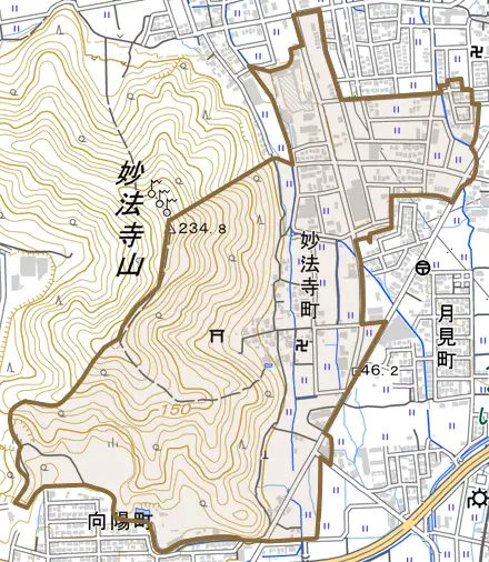 妙法寺町とその周辺の地図。町の範囲を重ねている