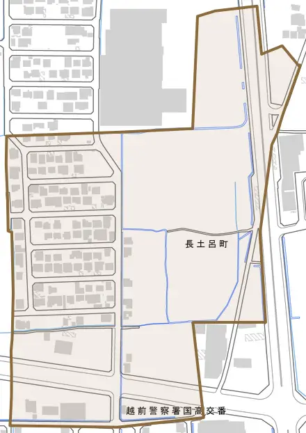長土呂町とその周辺の地図。町の範囲を重ねている