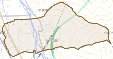 中平吹町とその周辺の地図。町の範囲を重ねている