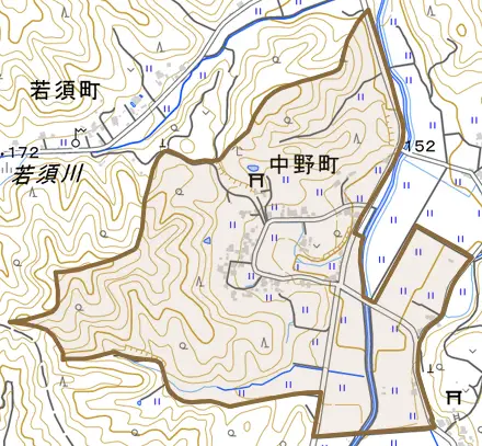中野町とその周辺の地図。町の範囲を重ねている