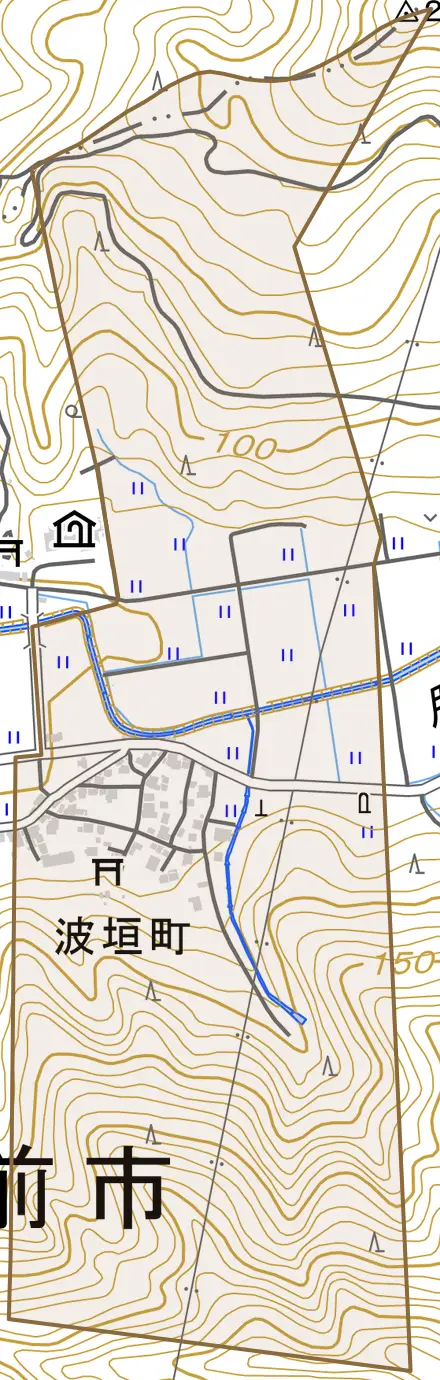 波垣町とその周辺の地図。町の範囲を重ねている