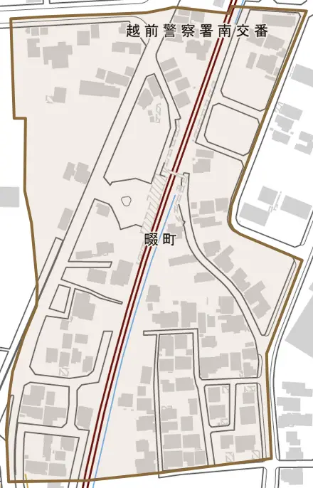 畷町とその周辺の地図。町の範囲を重ねている