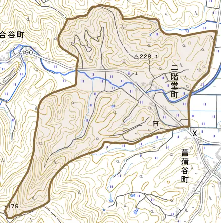 二階堂町とその周辺の地図。町の範囲を重ねている