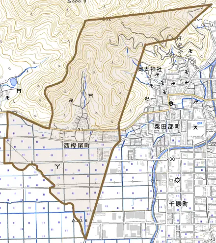 西樫尾町とその周辺の地図。町の範囲を重ねている