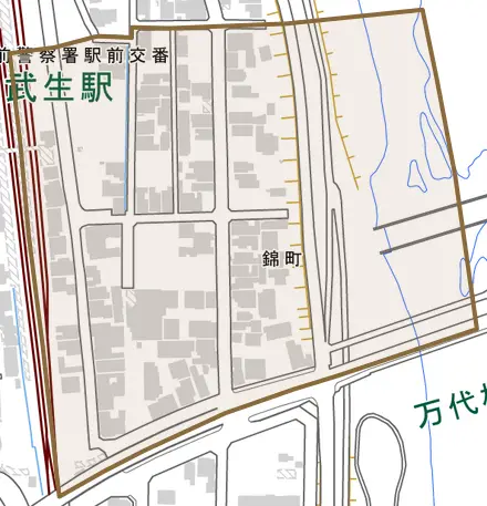 錦町とその周辺の地図。町の範囲を重ねている