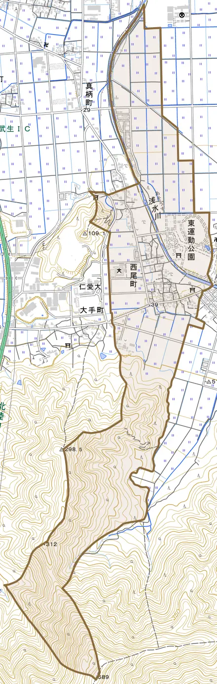 西尾町とその周辺の地図。町の範囲を重ねている