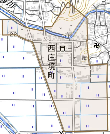 西庄境町とその周辺の地図。町の範囲を重ねている