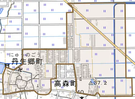 丹生郷町とその周辺の地図。町の範囲を重ねている