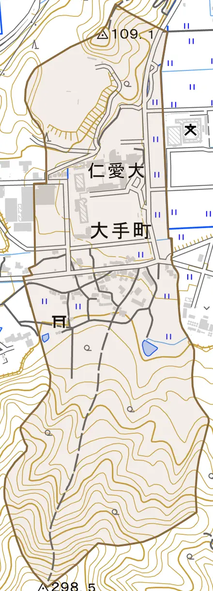 大手町とその周辺の地図。町の範囲を重ねている