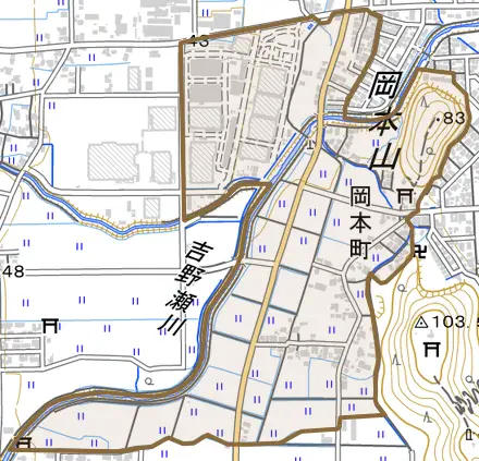 岡本町とその周辺の地図。町の範囲を重ねている
