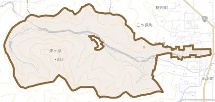 大虫町とその周辺の地図。町の範囲を重ねている