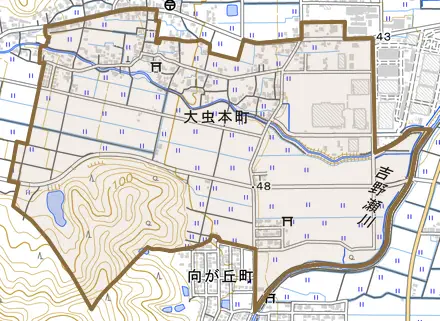 大虫本町とその周辺の地図。町の範囲を重ねている