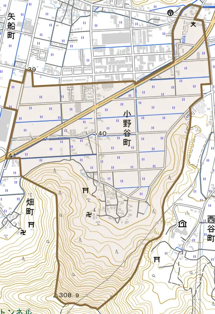 小野谷町とその周辺の地図。町の範囲を重ねている