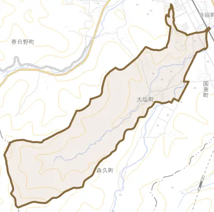 大塩町とその周辺の地図。町の範囲を重ねている