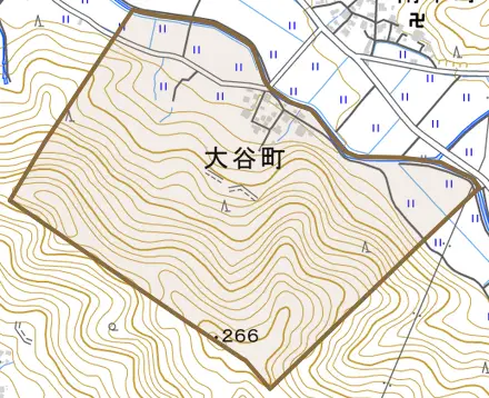 大谷町とその周辺の地図。町の範囲を重ねている