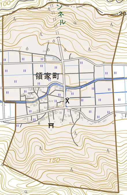 領家町とその周辺の地図。町の範囲を重ねている