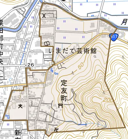 定友町とその周辺の地図。町の範囲を重ねている