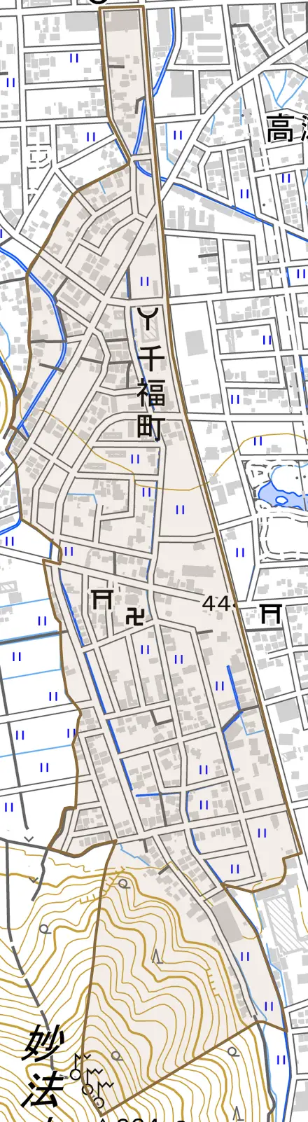 千福町とその周辺の地図。町の範囲を重ねている