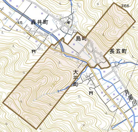 島町とその周辺の地図。町の範囲を重ねている