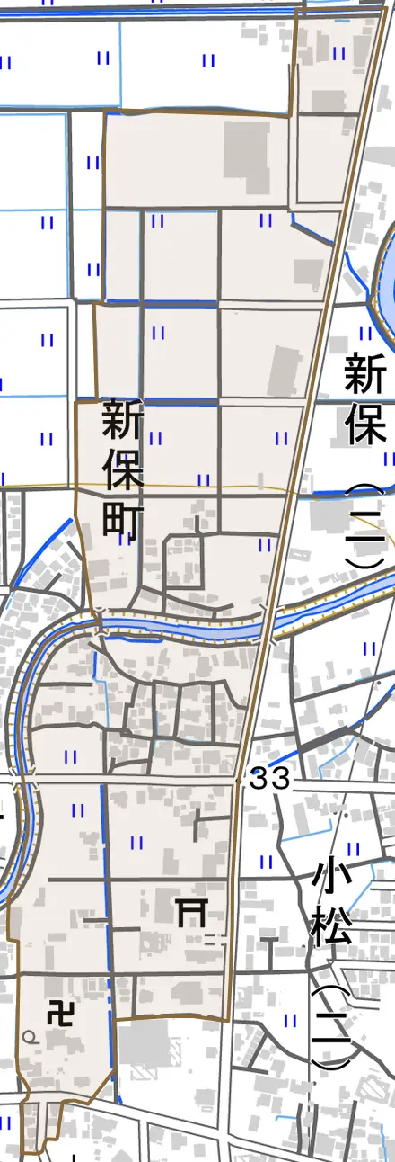新保町とその周辺の地図。町の範囲を重ねている