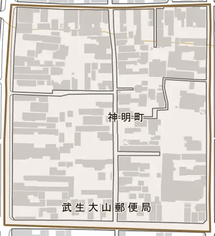 神明町とその周辺の地図。町の範囲を重ねている