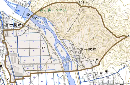 下平吹町とその周辺の地図。町の範囲を重ねている