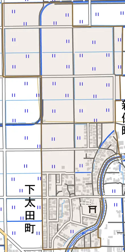 下太田町とその周辺の地図。町の範囲を重ねている