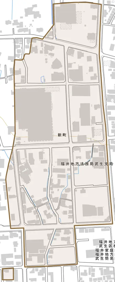 新町とその周辺の地図。町の範囲を重ねている