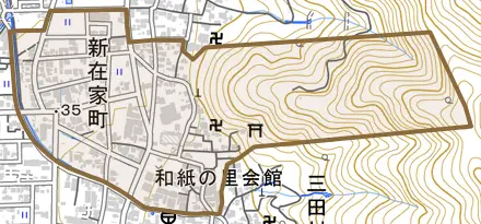 新在家町とその周辺の地図。町の範囲を重ねている