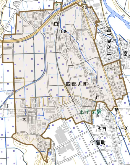 四郎丸町とその周辺の地図。町の範囲を重ねている