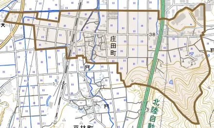 庄田町とその周辺の地図。町の範囲を重ねている