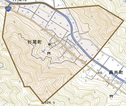 杉尾町とその周辺の地図。町の範囲を重ねている