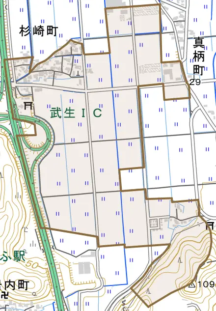 杉崎町とその周辺の地図。町の範囲を重ねている