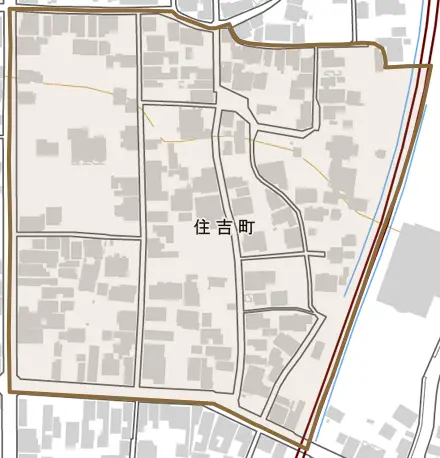 住吉町とその周辺の地図。町の範囲を重ねている