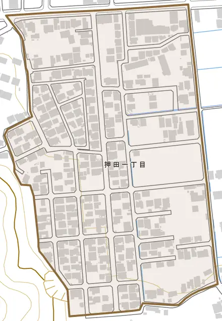 押田一丁目とその周辺の地図。町の範囲を重ねている