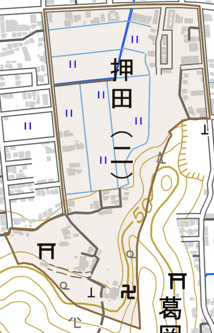 押田二丁目とその周辺の地図。町の範囲を重ねている