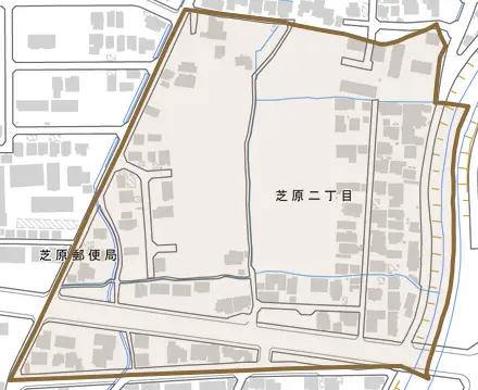 芝原二丁目とその周辺の地図。町の範囲を重ねている