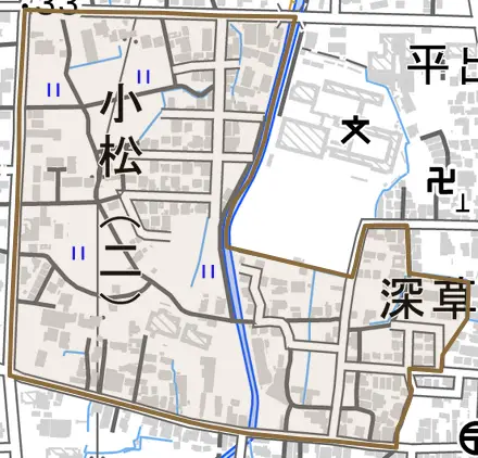 小松二丁目とその周辺の地図。町の範囲を重ねている