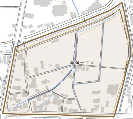 新保一丁目とその周辺の地図。町の範囲を重ねている