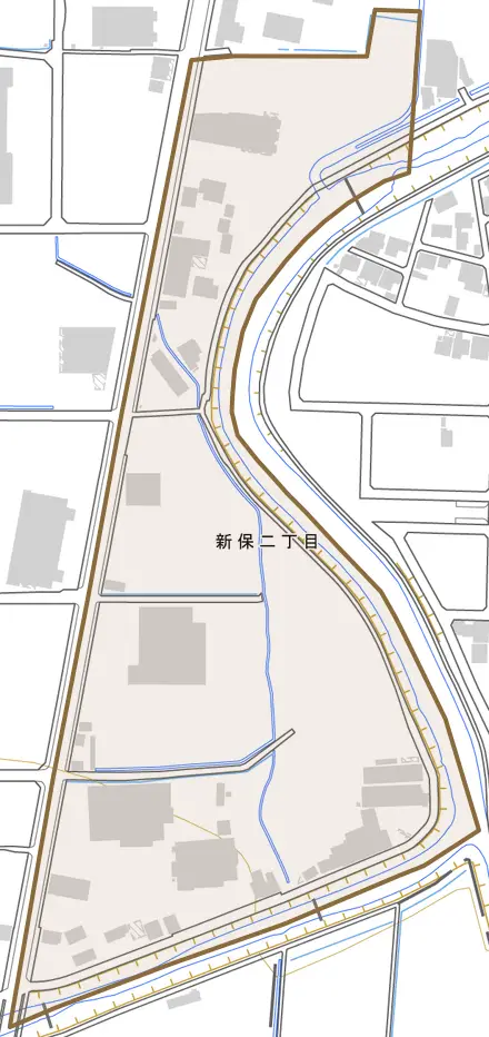 新保二丁目とその周辺の地図。町の範囲を重ねている