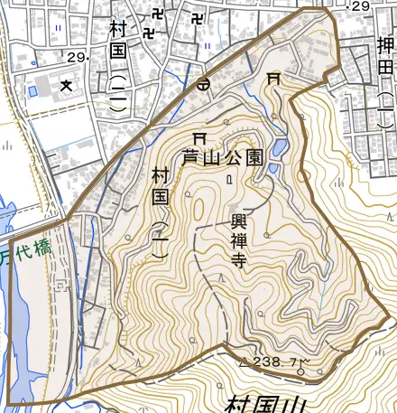 村国一丁目とその周辺の地図。町の範囲を重ねている
