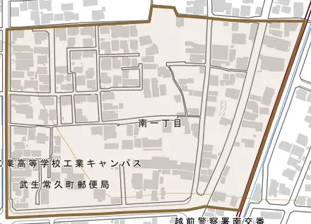 南一丁目とその周辺の地図。町の範囲を重ねている