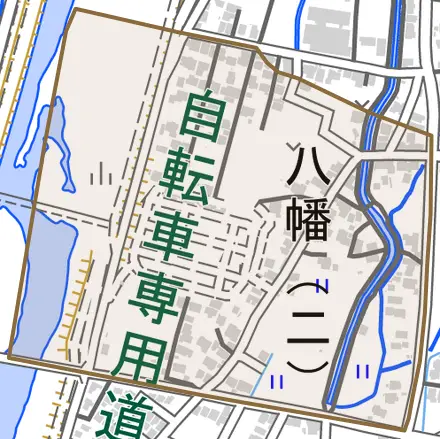 八幡二丁目とその周辺の地図。町の範囲を重ねている