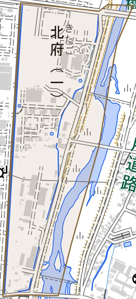 北府一丁目とその周辺の地図。町の範囲を重ねている