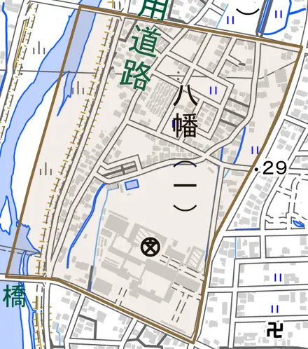 八幡一丁目とその周辺の地図。町の範囲を重ねている