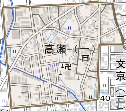 高瀬一丁目とその周辺の地図。町の範囲を重ねている