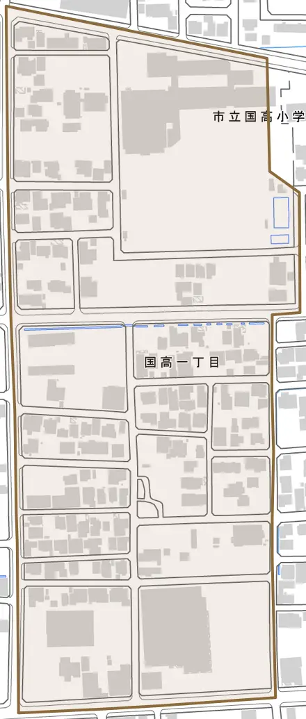 国高一丁目とその周辺の地図。町の範囲を重ねている
