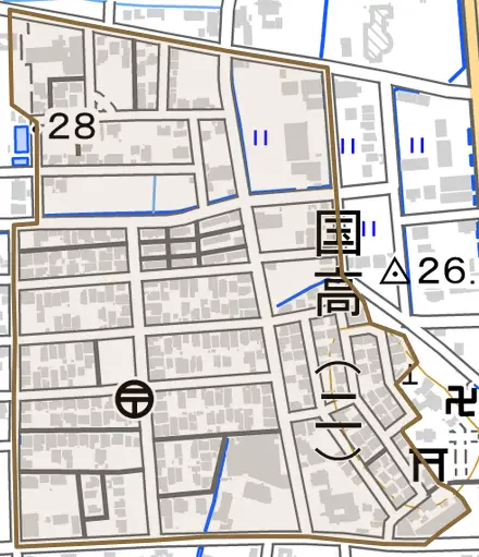 国高二丁目とその周辺の地図。町の範囲を重ねている