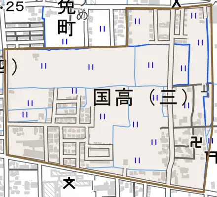 国高三丁目とその周辺の地図。町の範囲を重ねている