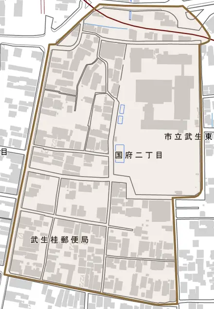 国府二丁目とその周辺の地図。町の範囲を重ねている